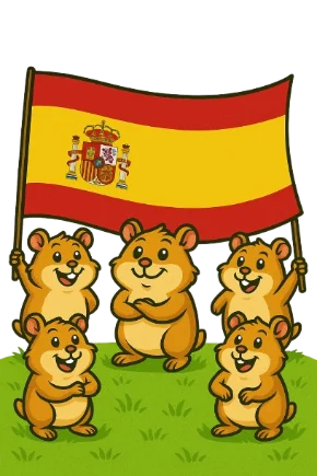 Five hamsters standing near the flag of Spain
